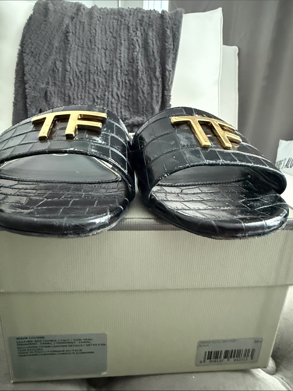 Tom Ford Black Croc-Embossed Slide Sandals with Gold TF Logo - Picture 7 of 14